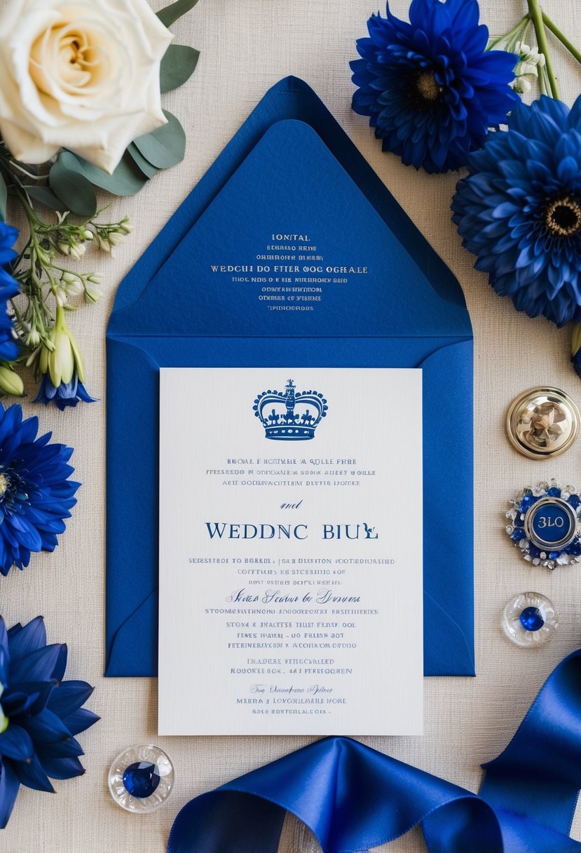 A royal blue invitation suite with coordinating wedding decor and flowers in shades of blue