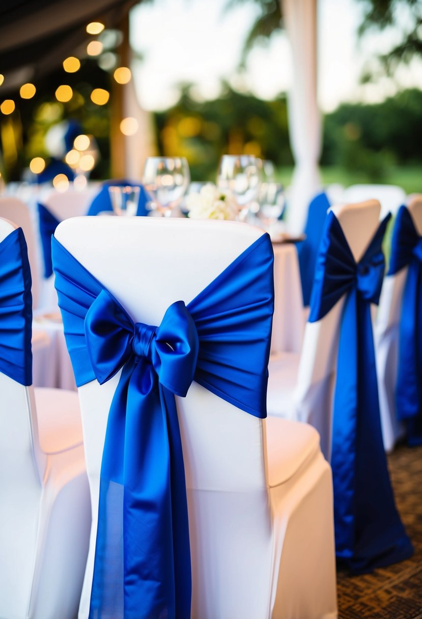 Cobalt blue chair sashes tied in elegant bows at a wedding reception