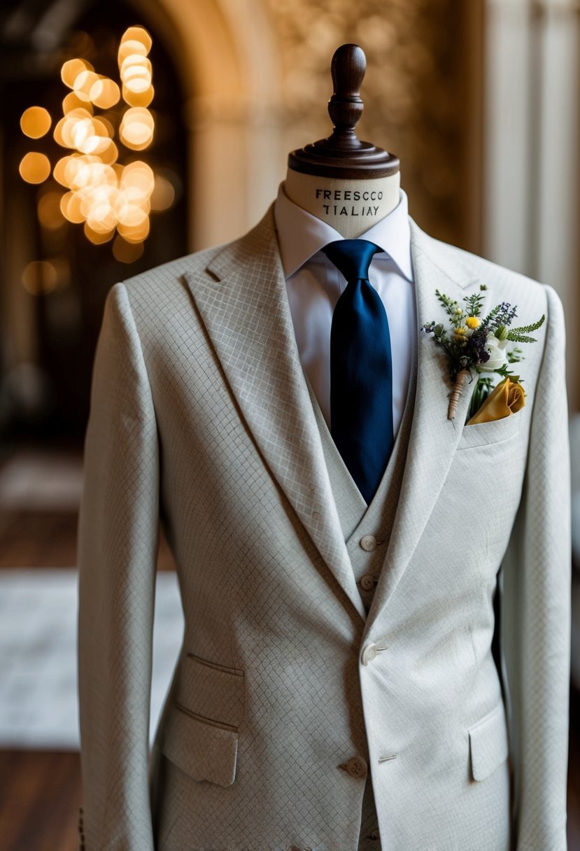 A tailored Italian wedding suit with fresco fabric, featuring intricate ventilation patterns and luxurious details