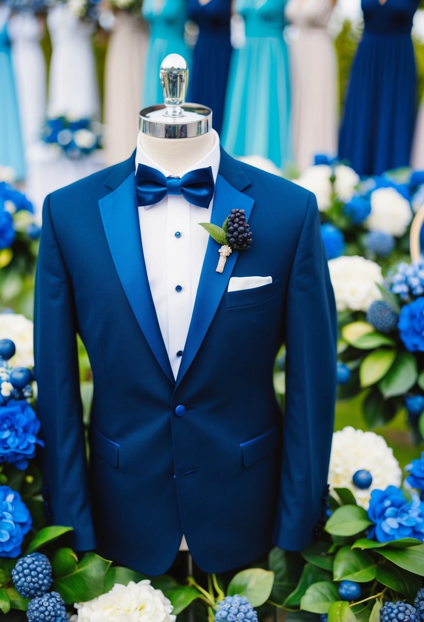 A navy blue tuxedo jacket with blueberry accents, surrounded by wedding decor in shades of tuxedo blue