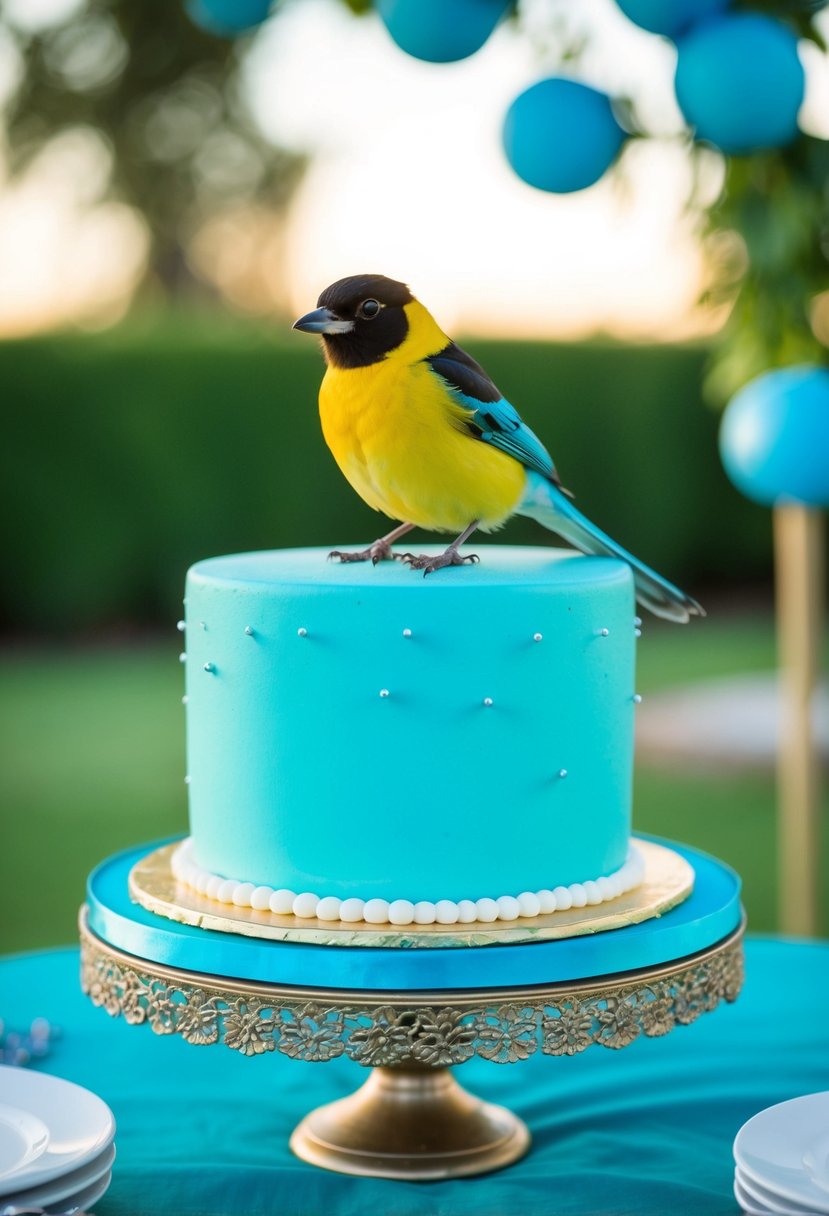 A tanager bird perched on a turquoise wedding cake surrounded by blue wedding decor