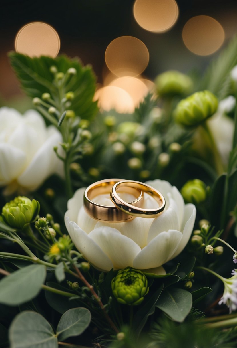 A pair of elegant gold wedding rings resting on a bed of fresh flowers and greenery, with soft natural light illuminating the scene