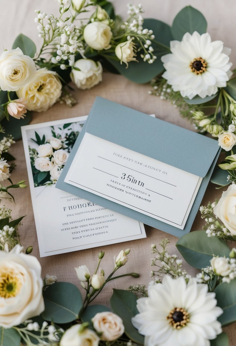 A pair of elegant photo postcard invitations surrounded by delicate floral arrangements and wedding decor