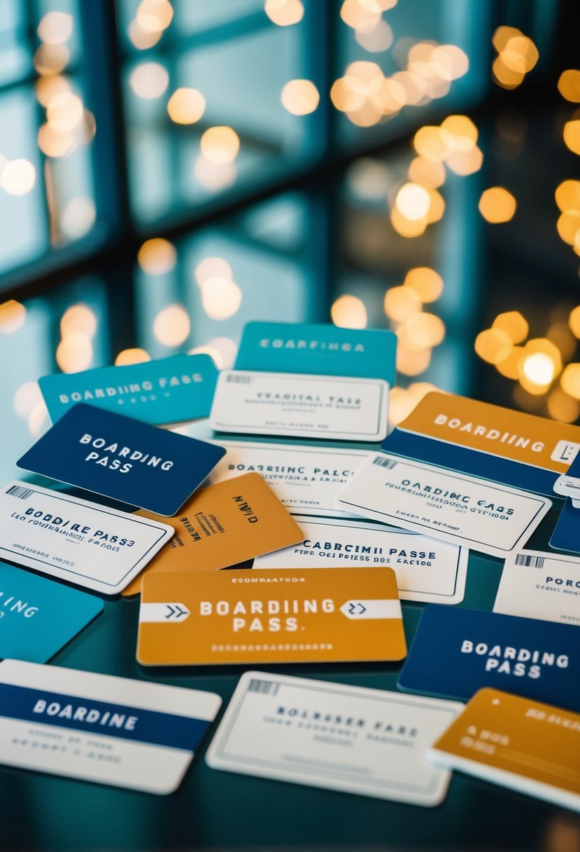 A collection of boarding pass-themed cards arranged in an artistic display