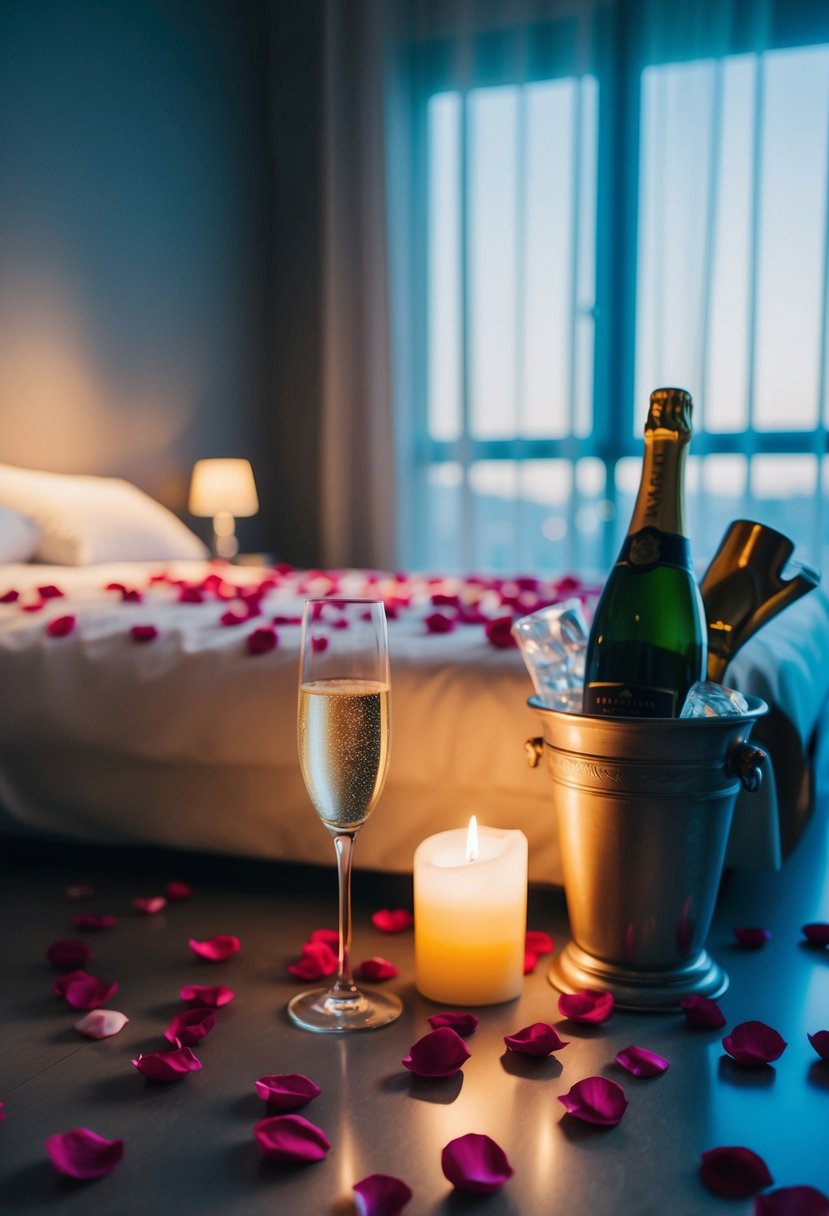 A dimly lit room with rose petals scattered on the bed and floor, soft candlelight, and a bottle of champagne on ice