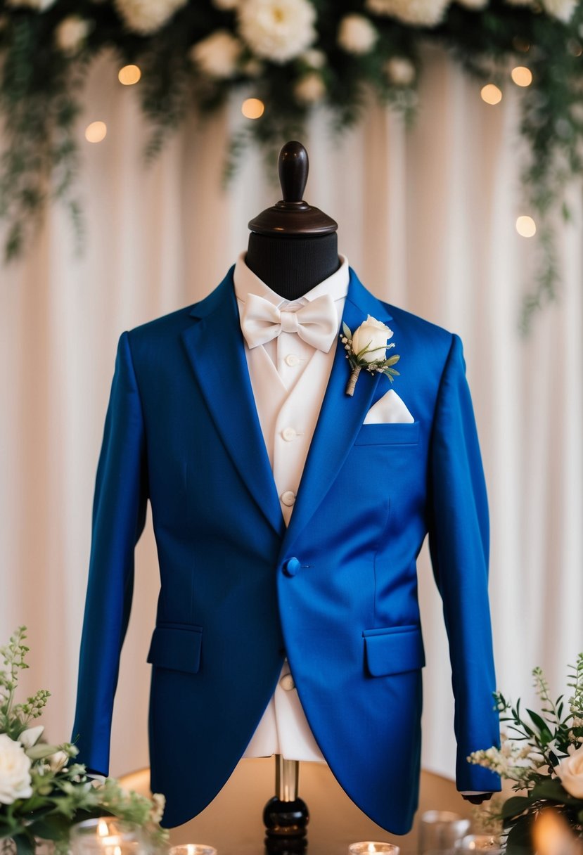 A regal blue ring bearer suit displayed with elegant wedding decor