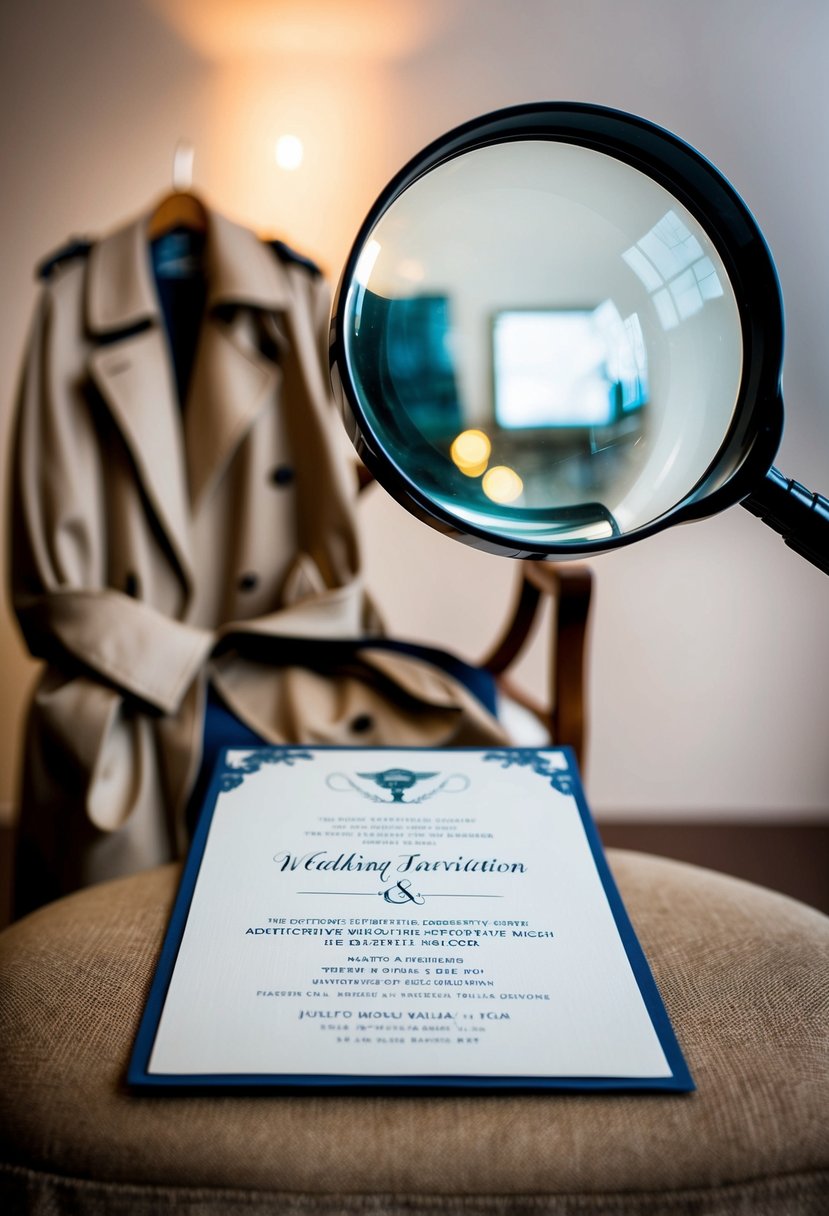 A detective's magnifying glass hovers over a wedding invitation, with a trench coat draped over a chair in the background