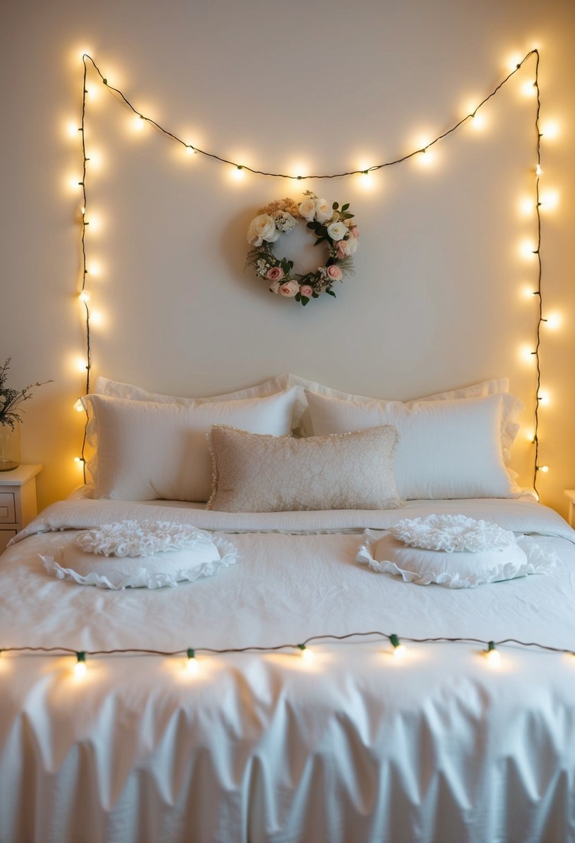 Fairy lights casting a soft glow around a bed adorned with delicate white linens and floral decorations, creating a romantic and enchanting atmosphere