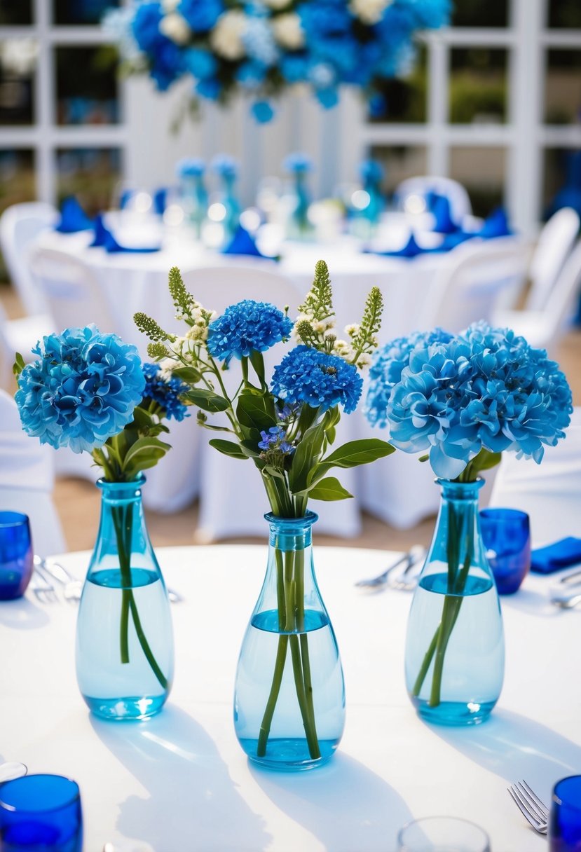 Three barely blue flower vases arranged on a white table, surrounded by blue wedding decor and floral arrangements