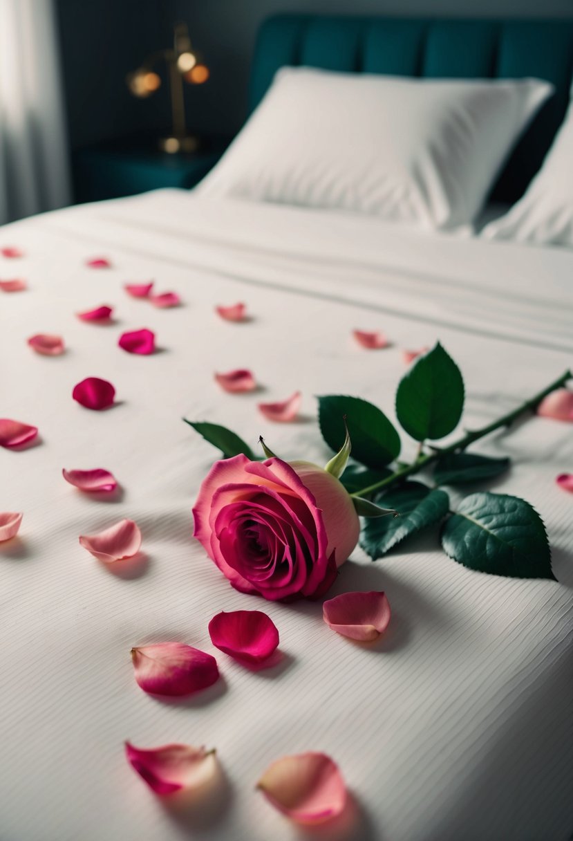 Fresh rose petals scattered on a neatly made bed in a dimly lit room