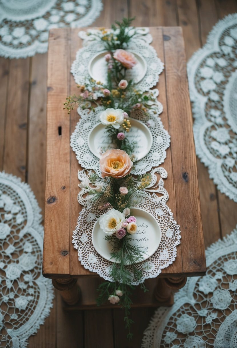 A rustic wooden table adorned with delicate, handcrafted floral inserts, surrounded by vintage lace and elegant calligraphy