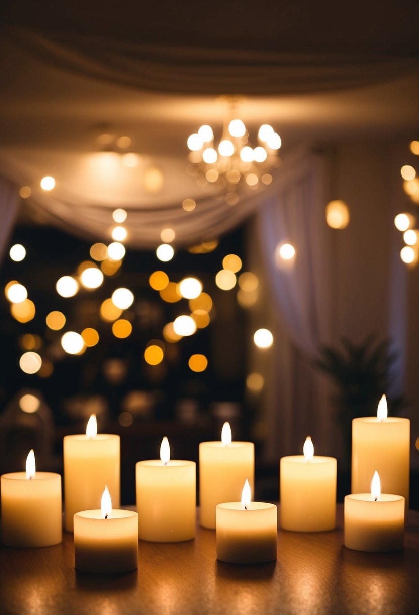 Flameless candles arranged around a romantic wedding night room, casting a warm and inviting glow