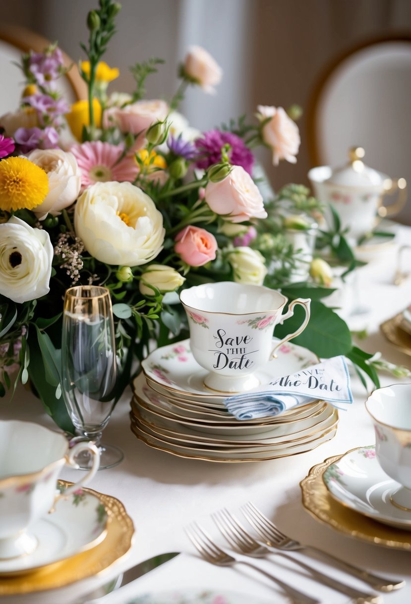 A beautifully set table with a floral centerpiece, vintage teacups, and a stack of printed tea towels with a "save the date" wedding design