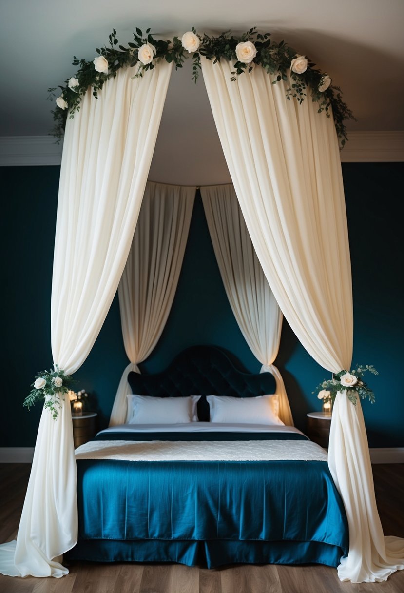 Elegant fabric canopies drape above a bed, creating a romantic ambiance for a wedding night room decoration