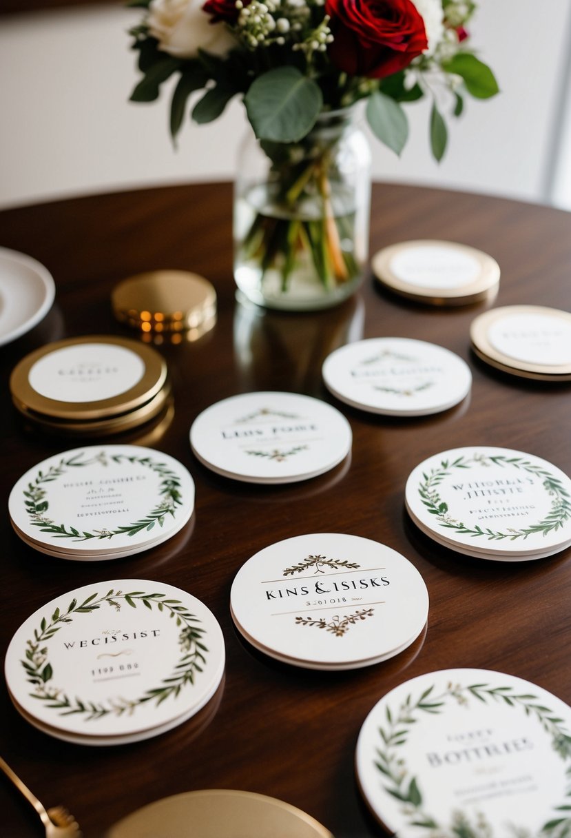 A table with various custom coaster designs featuring wedding motifs and date details