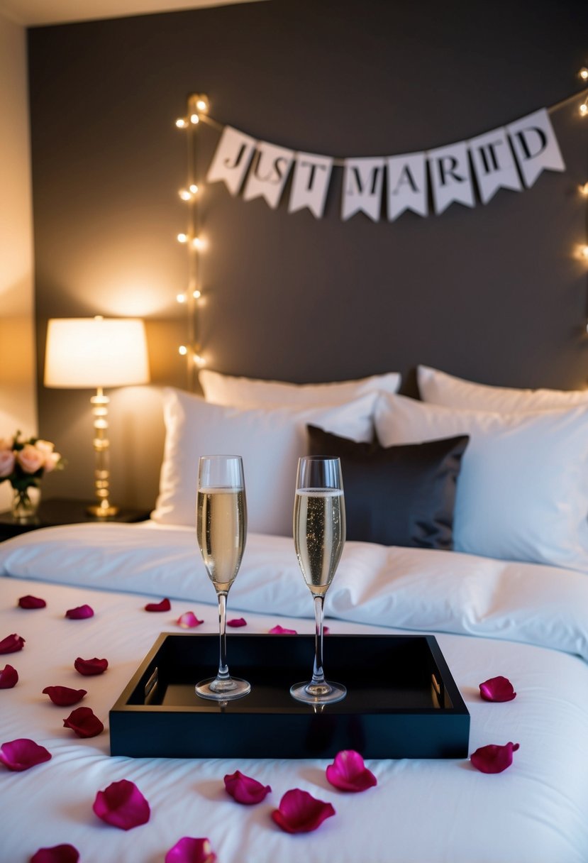 A cozy, dimly lit bedroom with rose petals scattered on a white duvet, champagne flutes on a nightstand, and a 'Just Married' banner hung above the headboard