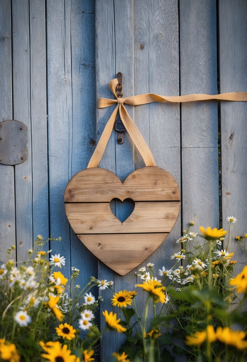 A rustic wooden plaque with a heart-shaped cutout hangs on a weathered barn door, surrounded by wildflowers and burlap ribbon