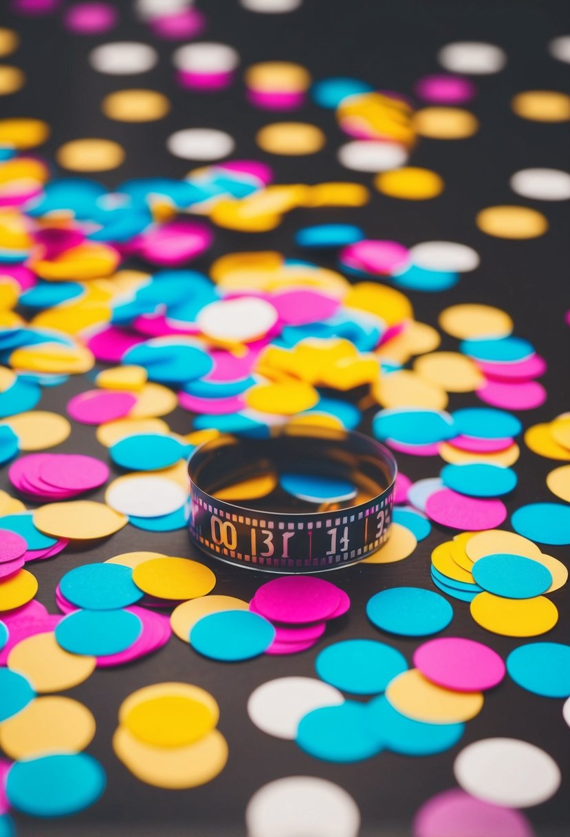 Colorful confetti scattered on a table, adding a festive touch to a wedding night room