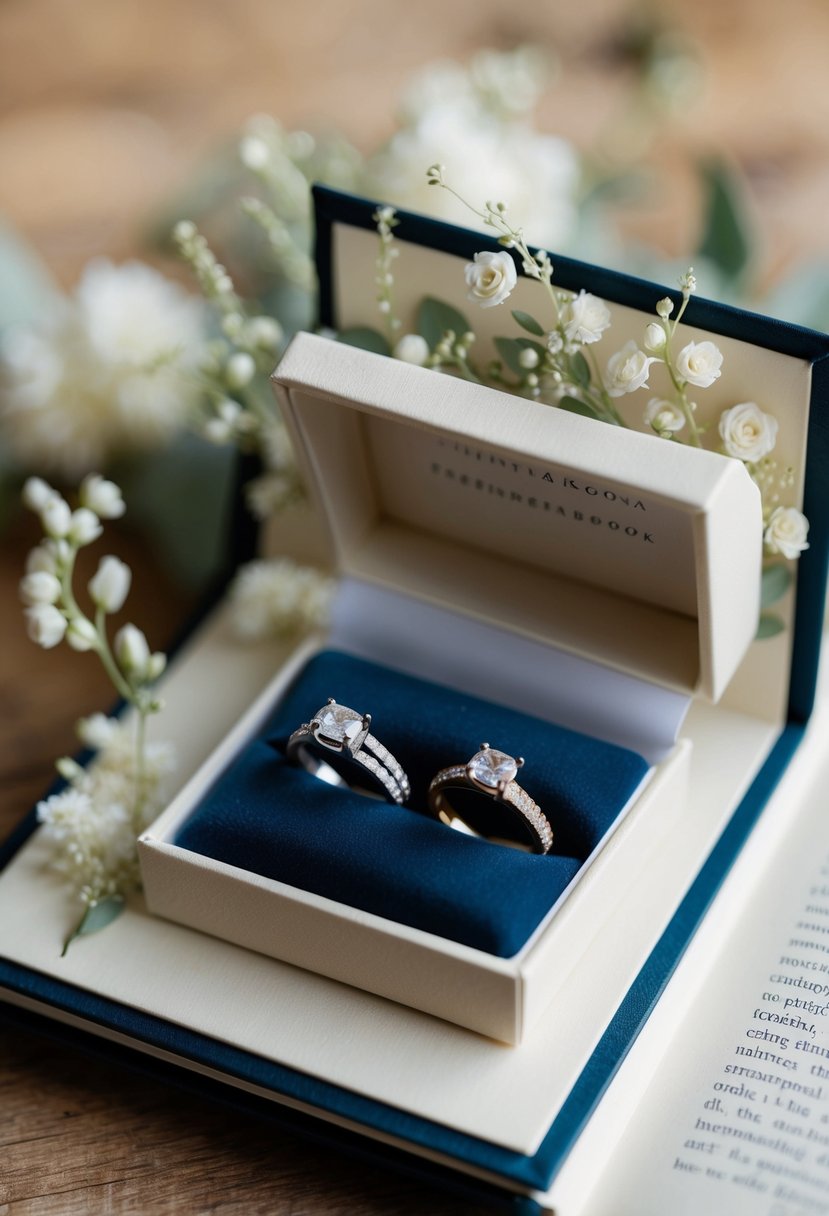 A pair of elegant wedding rings nestled within the pages of an open interactive minibook, surrounded by delicate floral decorations