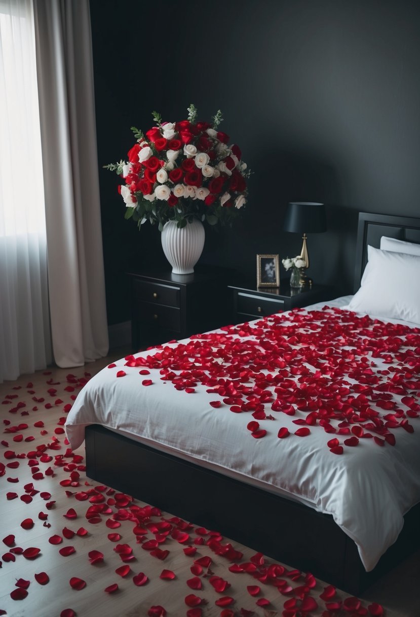 A dimly lit room with rose petals scattered on the bed and floor, adorned with a large bouquet of red and white flowers in a vase on the nightstand