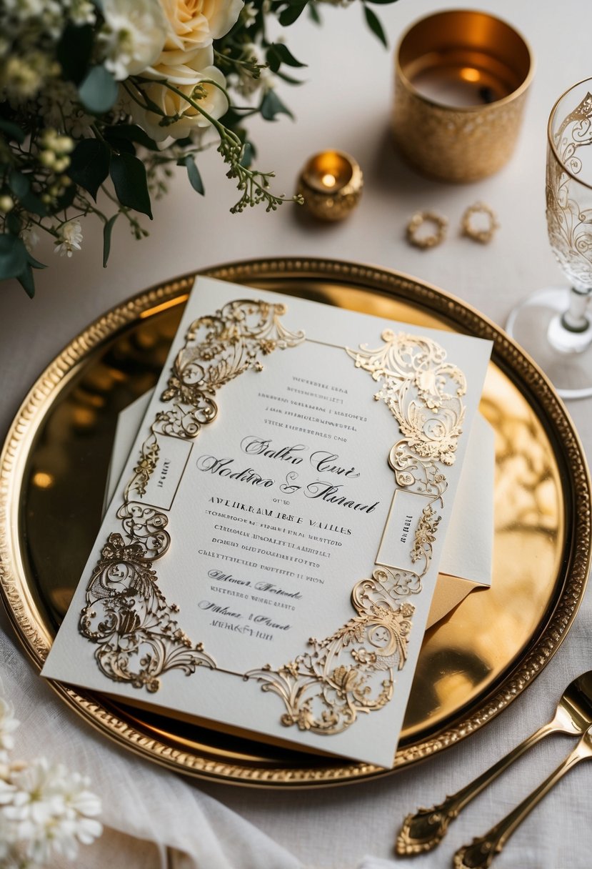 A luxurious wedding invitation with intricate foil-stamped designs and elegant details