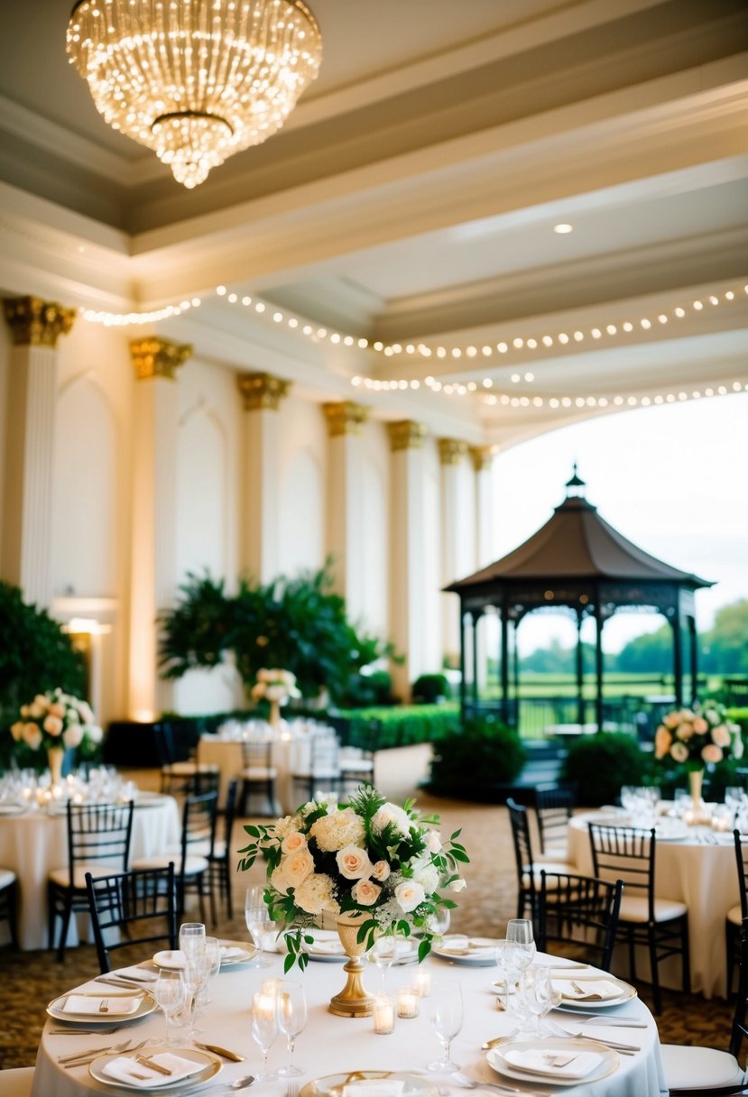 A grand ballroom with elegant table settings, floral centerpieces, and soft lighting. A picturesque outdoor garden with a gazebo and string lights