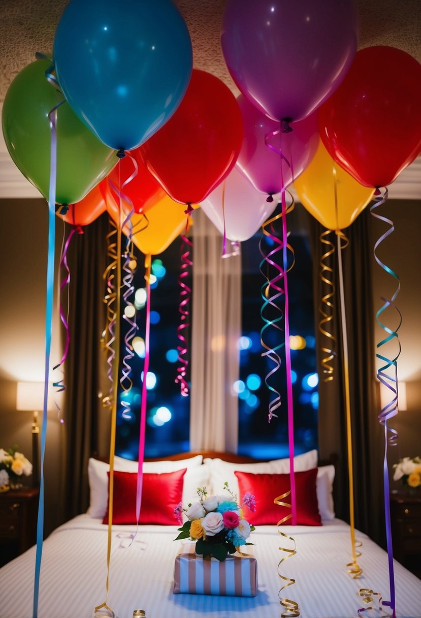 The room is adorned with colorful balloons and ribbons, creating a festive and romantic atmosphere for a wedding night celebration