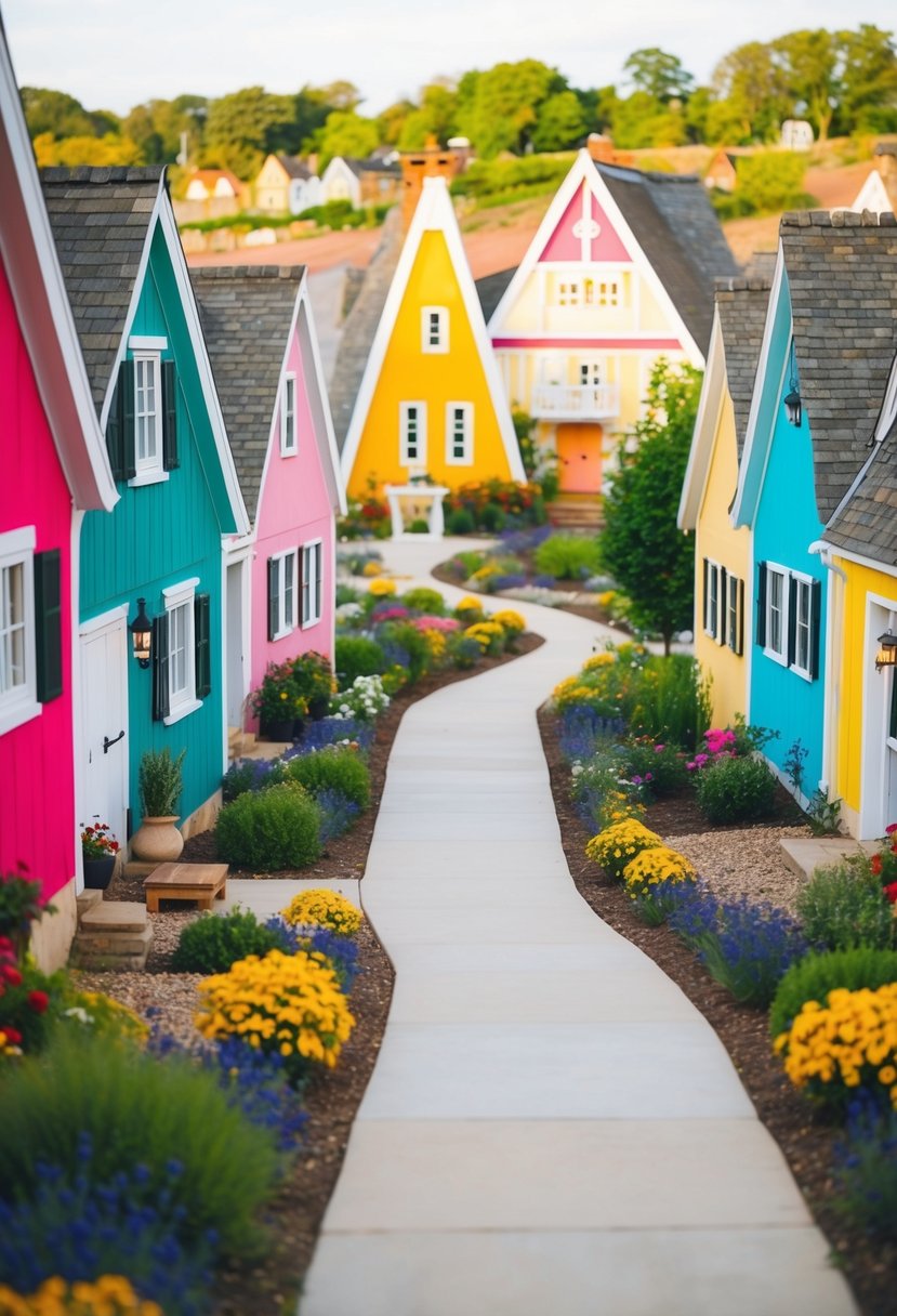 A charming village with colorful houses, blooming flowers, and a winding path leading to a whimsical wedding venue