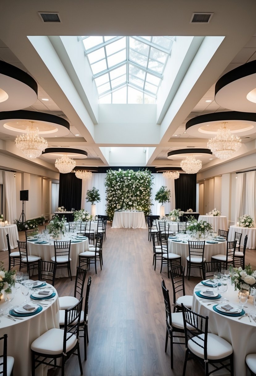 A spacious wedding venue with elegant decor options and various layout setups, showcasing different styles and themes for an open house event