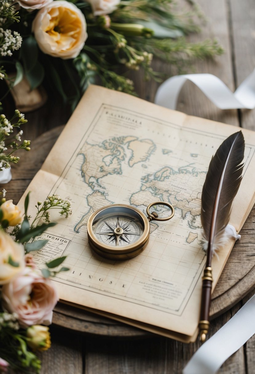 A vintage map with a compass and quill pen, surrounded by delicate floral arrangements and a ribbon, set on a rustic wooden table