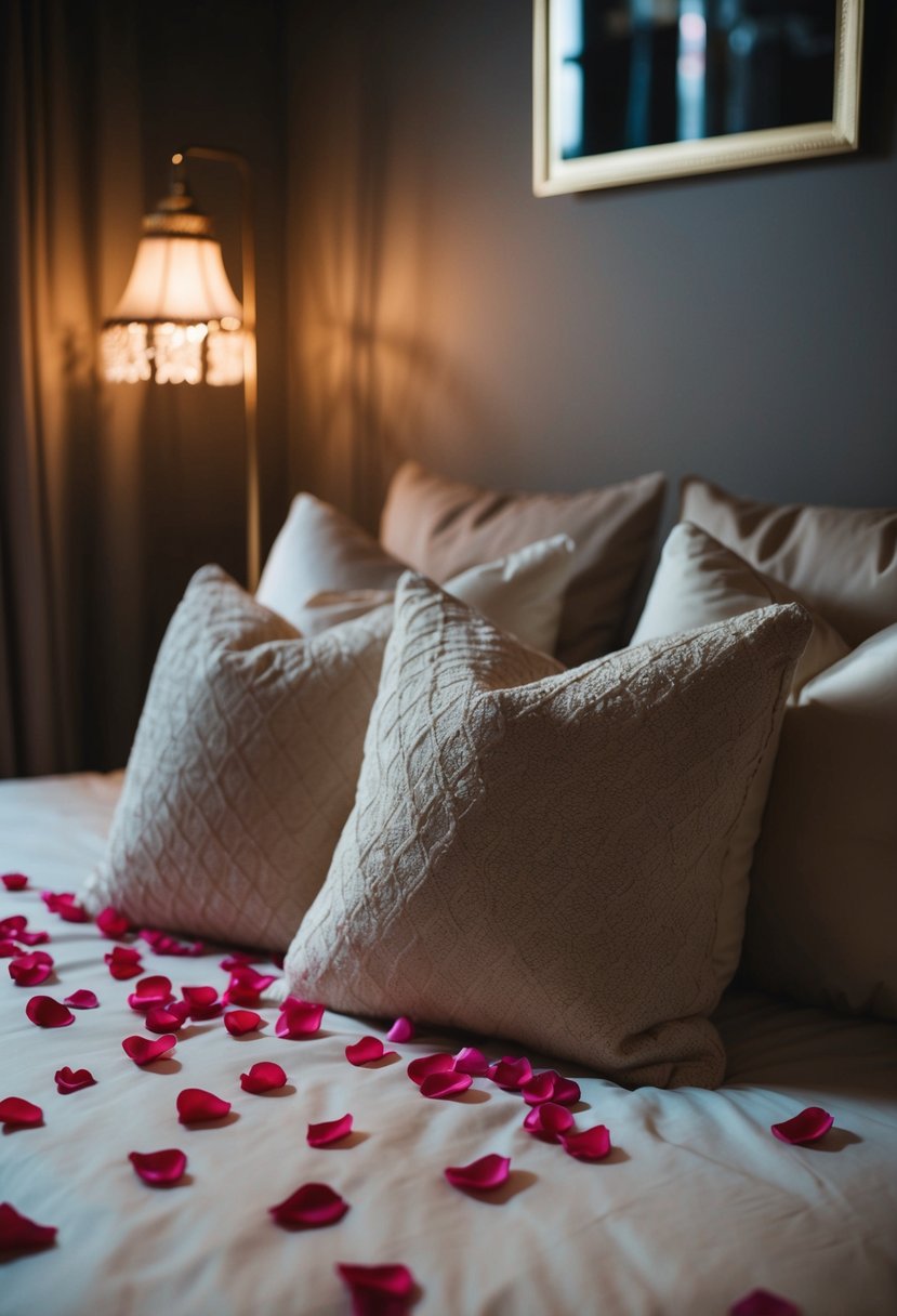 A low-lit room with rose petals scattered on plush pillows, creating a cozy and romantic atmosphere for a wedding night