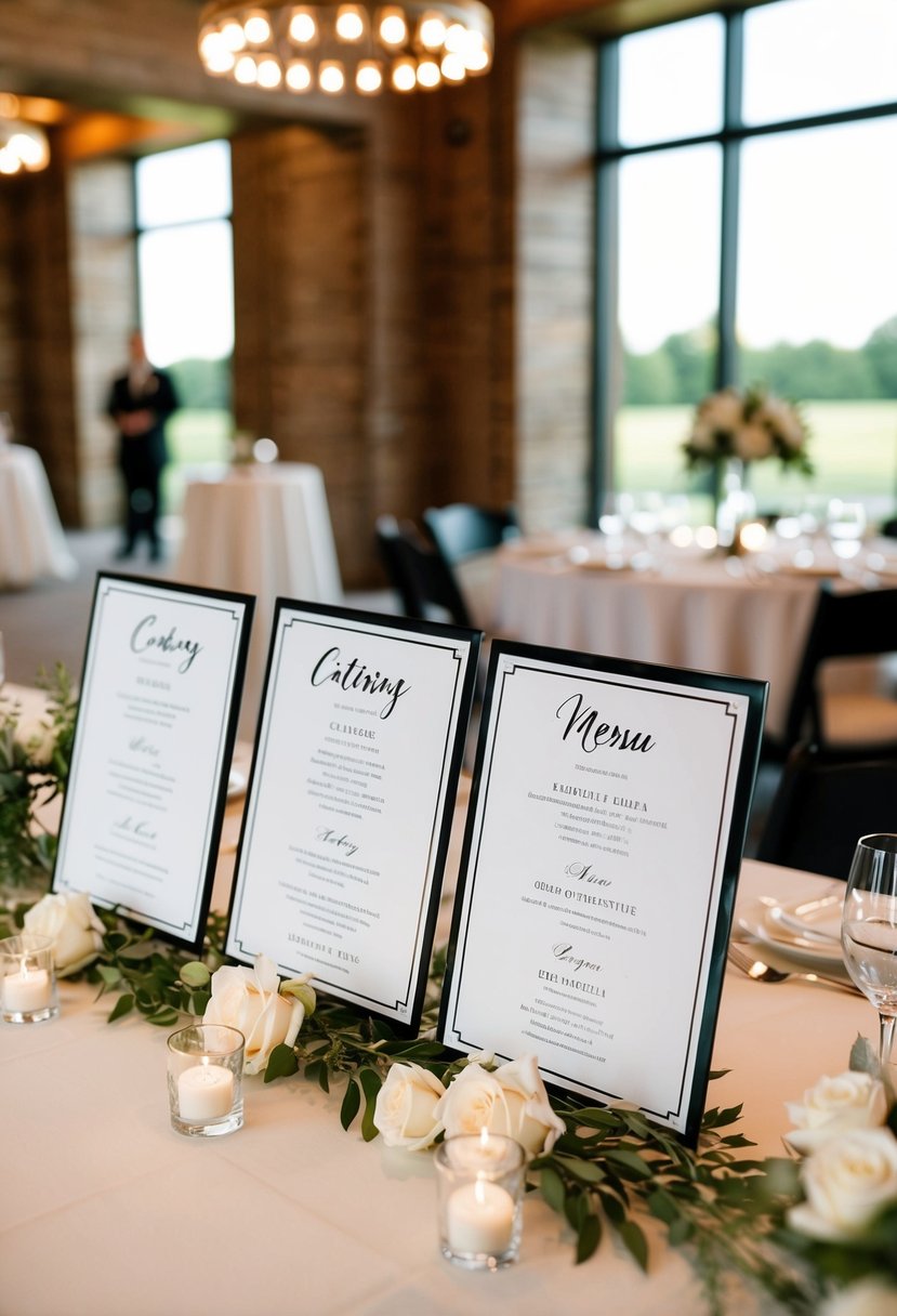 A table displays elegant catering menus at a wedding venue open house