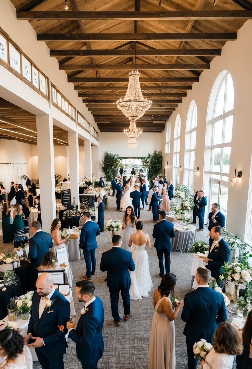 A bustling open house at a wedding venue, with vendors showcasing their services and couples exploring the space