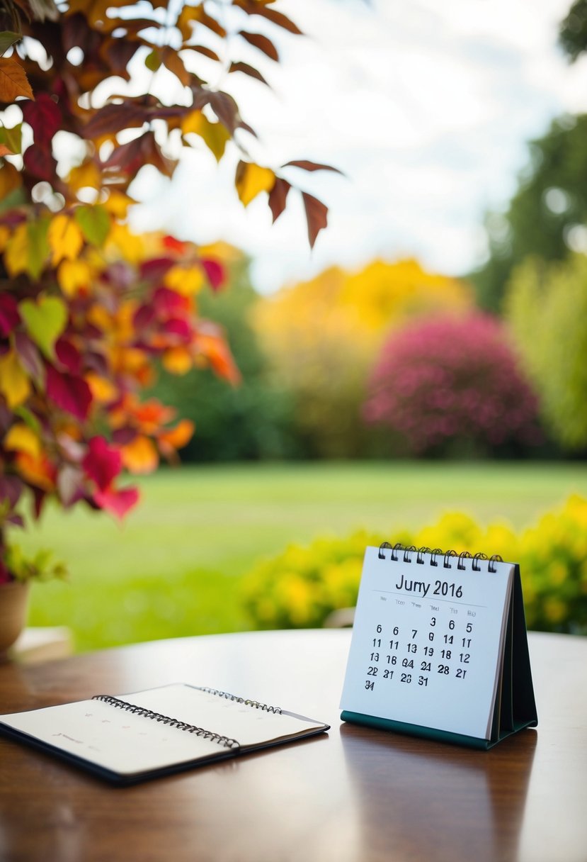 A serene outdoor wedding setting with colorful foliage and a calendar displaying the wedding date