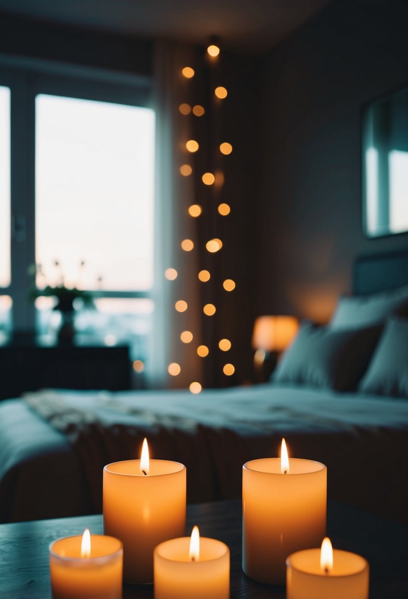 A dimly lit bedroom with soft, flickering scented candles placed around the room, casting a warm and romantic glow