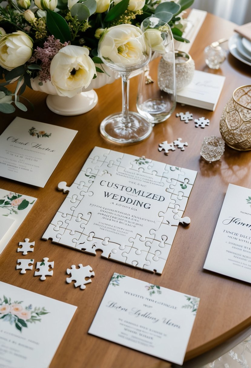 A customized puzzle invitation with wedding details spread out on a table, surrounded by elegant stationery and decorative elements