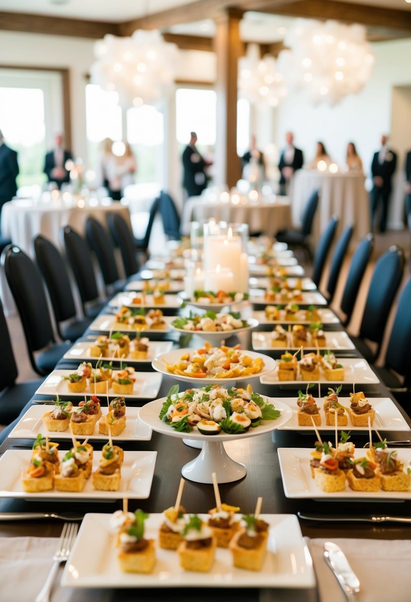 A table adorned with an array of elegant appetizers, surrounded by tasteful decor and soft lighting at a wedding venue open house