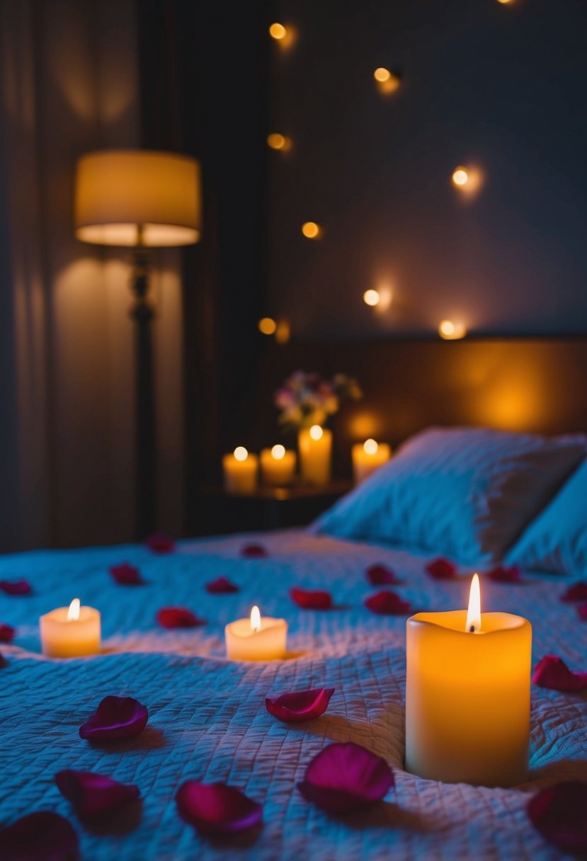 A cozy bedroom with dim lighting, scattered rose petals, and flickering candles. A playlist of soft romantic music fills the air, setting the mood for a romantic wedding night