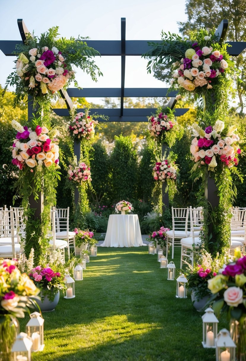 A lush garden with vibrant floral arrangements adorning the outdoor wedding venue, creating a picturesque setting for an open house event