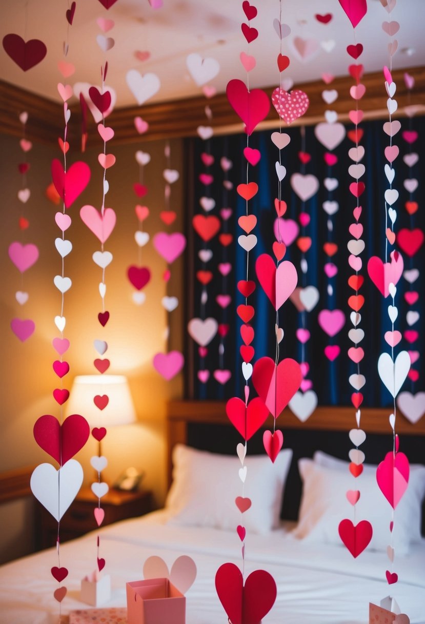 The wedding night room is adorned with heart-shaped paper crafts, creating a romantic and enchanting atmosphere