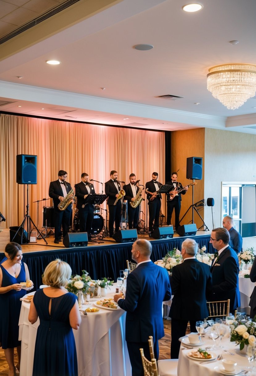 A band plays on a stage in a decorated wedding venue, as guests sample food and drinks, and explore the various event spaces