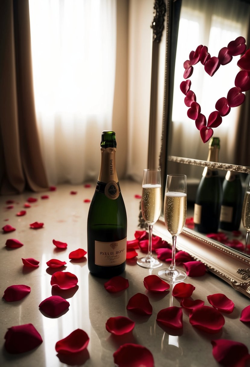 A dimly lit room with rose petals scattered on the floor, a bottle of champagne on ice, and a heart-shaped message written in lipstick on the mirror