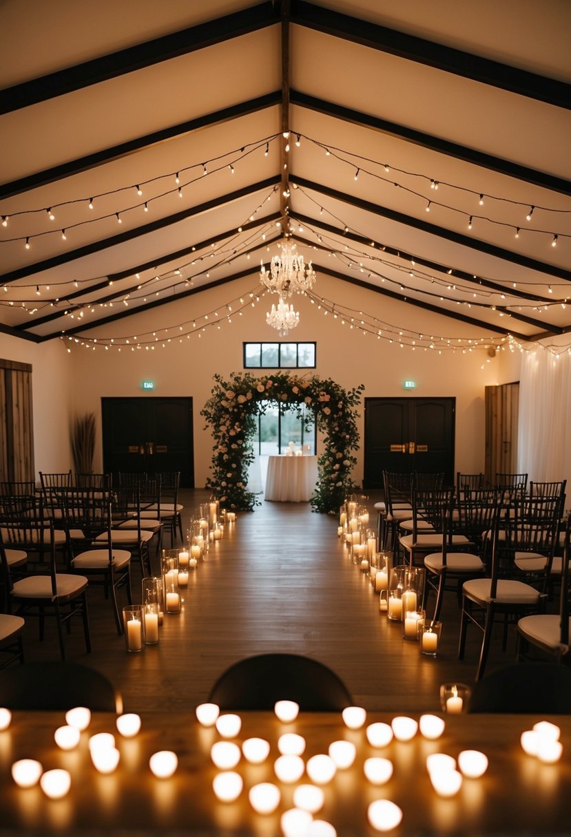 A wedding venue open house with various lighting setups: soft candlelight, twinkling fairy lights, and warm uplights casting romantic ambiance