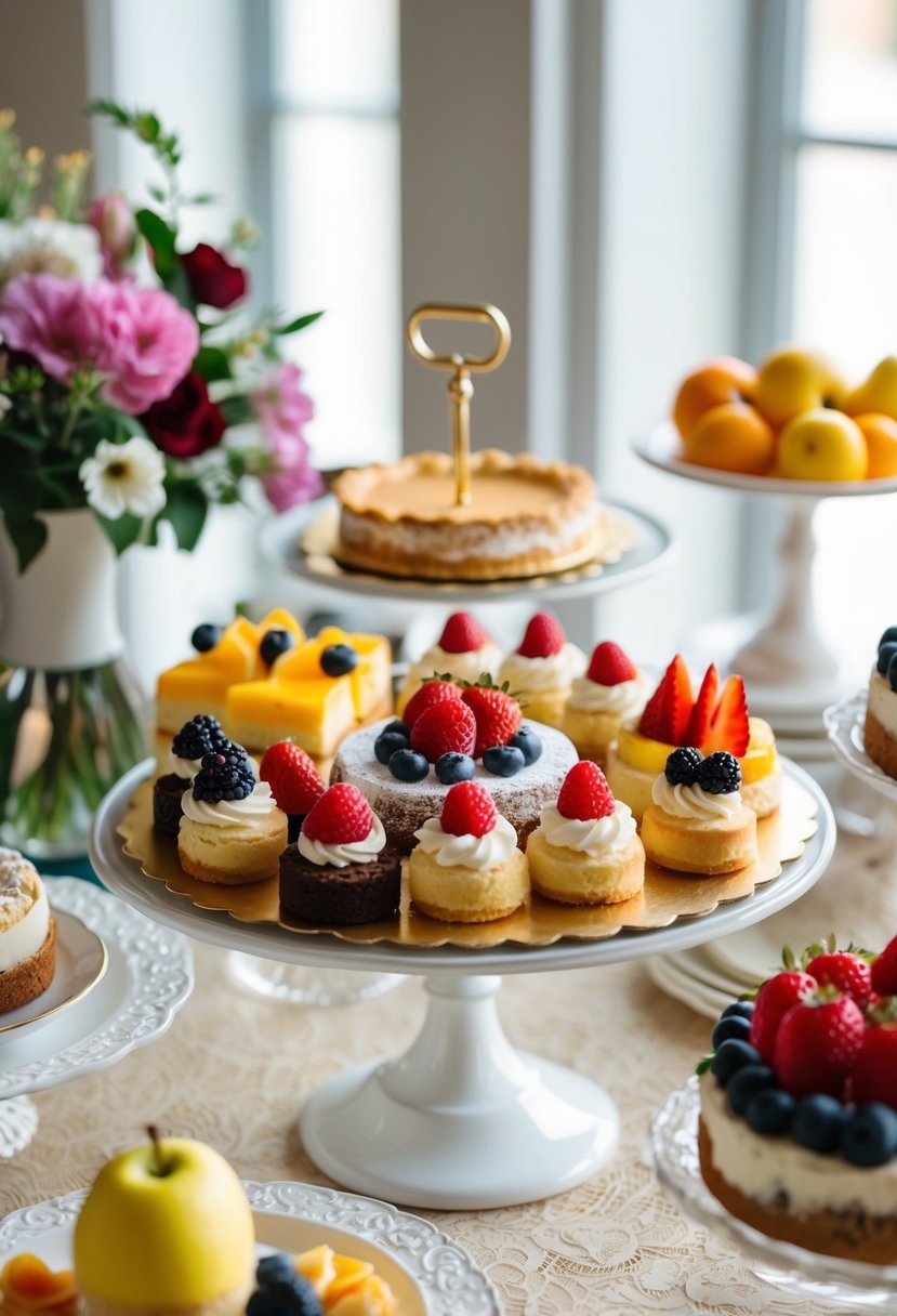 A small dessert station with a variety of pastries, cakes, and fruits arranged on a decorative table with elegant tableware and floral accents