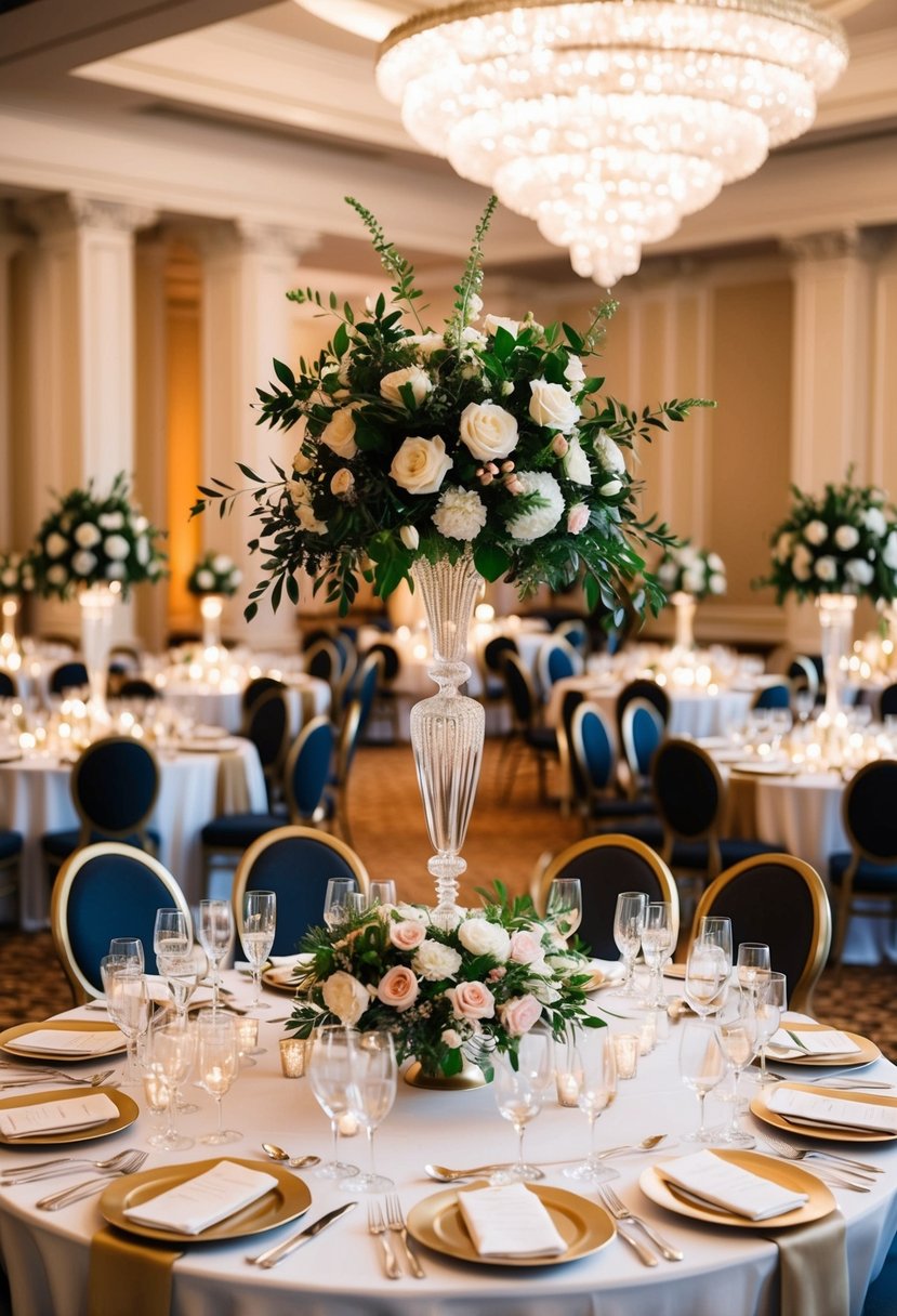 A grand ballroom adorned with luxurious table settings, sparkling glassware, and fresh floral centerpieces for a wedding venue open house