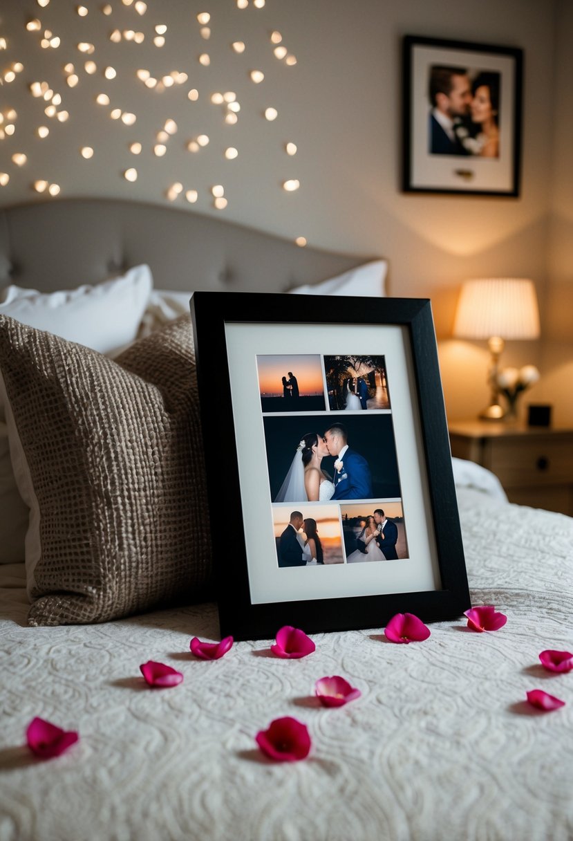 A cozy bedroom with soft lighting, scattered rose petals, and a framed photo collage of the couple's wedding night