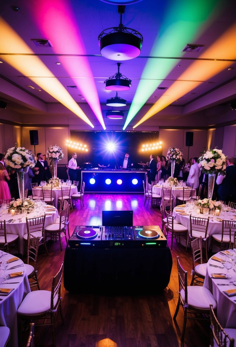 A lively dance floor with colorful lights and a DJ booth, surrounded by tables adorned with flower centerpieces and guests mingling with drinks in hand