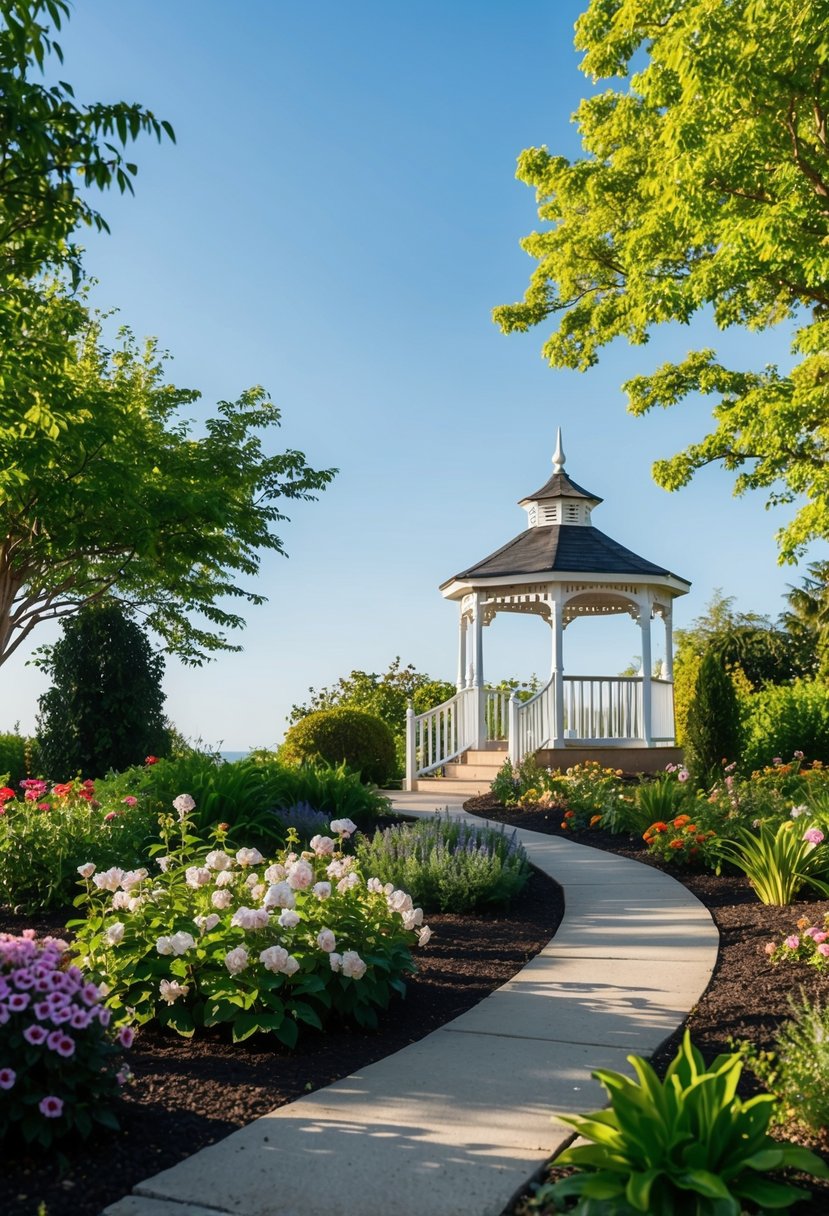 A serene garden with blooming flowers, a winding pathway, and a charming gazebo set against a backdrop of lush greenery and a clear blue sky