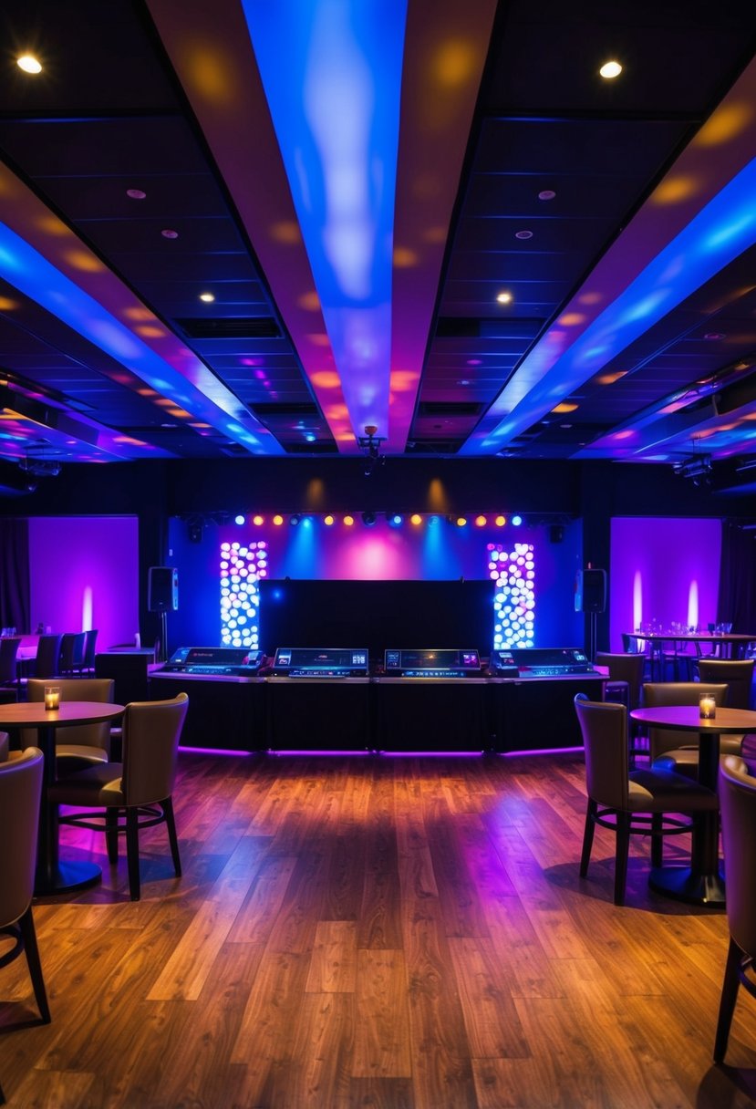 A dimly lit venue with colorful LED lights, a dance floor, and a DJ booth surrounded by cocktail tables and a bar