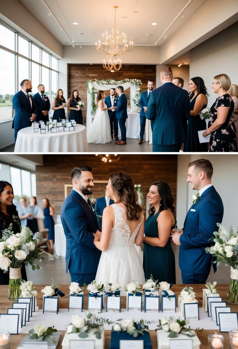 A wedding venue open house with photography packages displayed, couples exploring the space, and staff offering information